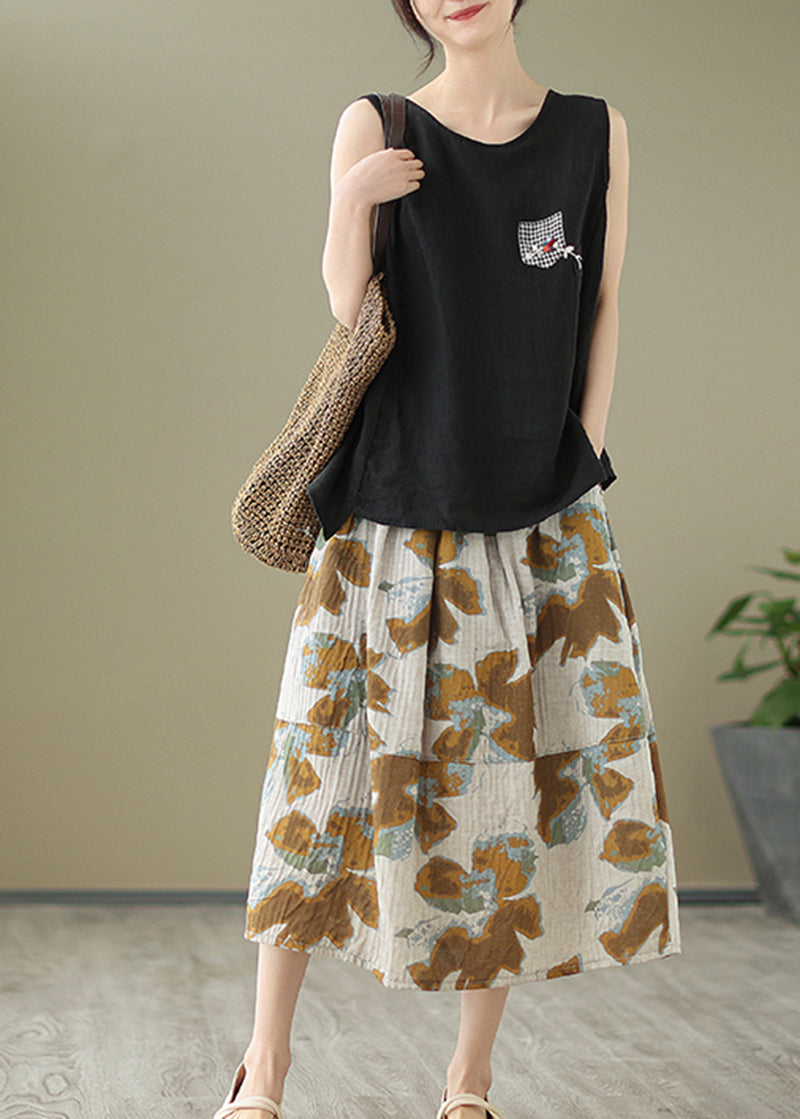 Diy Khaki Print Patchwork Pockets Cotton Pleated Skirt Summer