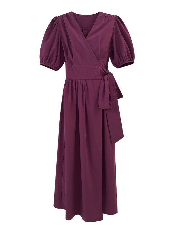 Ribbed Solid Color Maxi Dress Bishop Sleeve