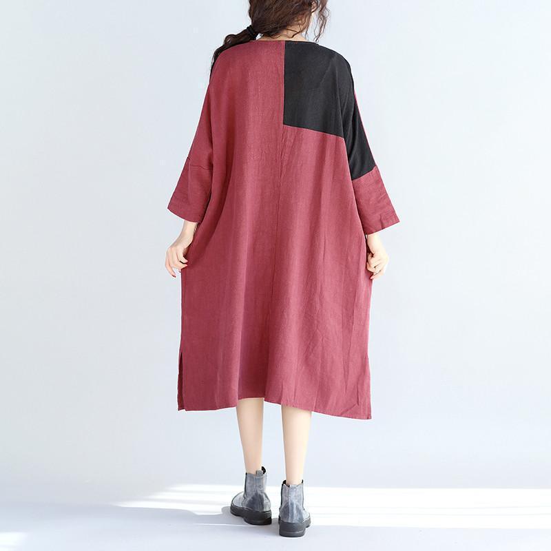 Casual Linen Women Split Spliced Red Dress - Omychic