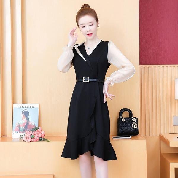 long sleeve black plus size ruffle women casual midi autumn dress - Omychic