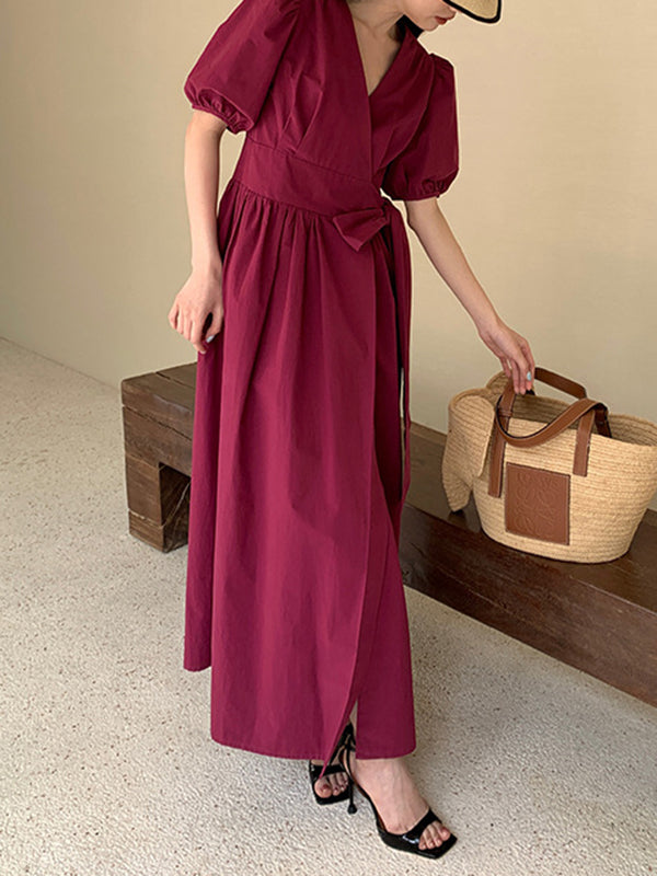 Ribbed Solid Color Maxi Dress Bishop Sleeve