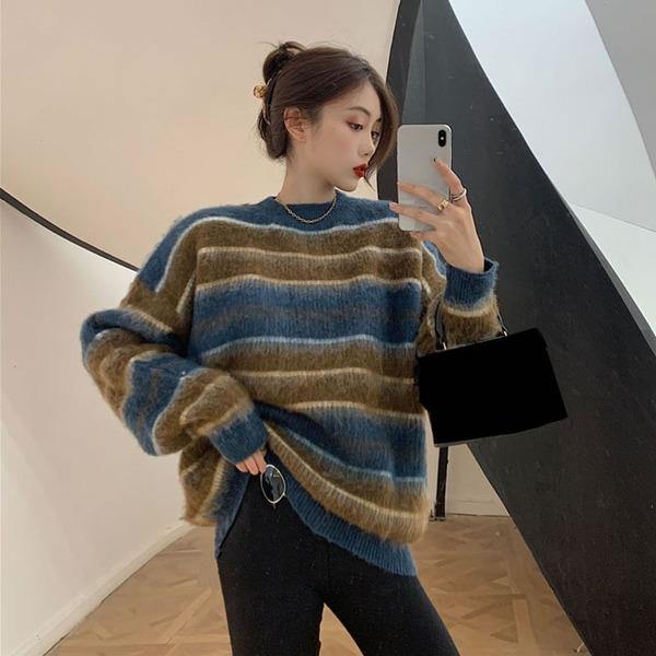 Contrast Color Stripe Knitting Sweater Women Winter New O neck Collar Pullover Loose  All-match - Omychic