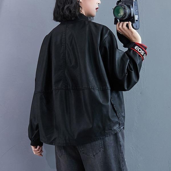 plus size black PU Faux Leather Jackets  casual Loose autumn Wild Motor Biker Jacket women 2020 Clothes Coat - Omychic