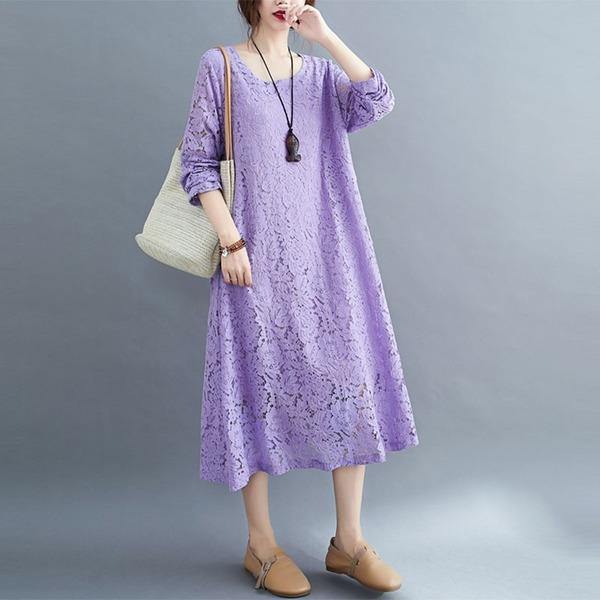 Plus Size Women Casual Lace Dress New 2020 Autumn Simple Style O-neck Solid Color Dresses - Omychic