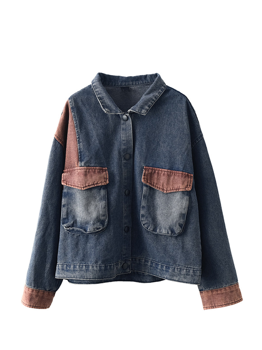 Women Fall Retro Patchwork Button Pocket Denim Coat