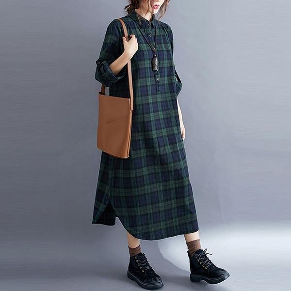 Vintage Plaid Turn-down Collar Loose Female Cotton Linen Long Dresses - Omychic