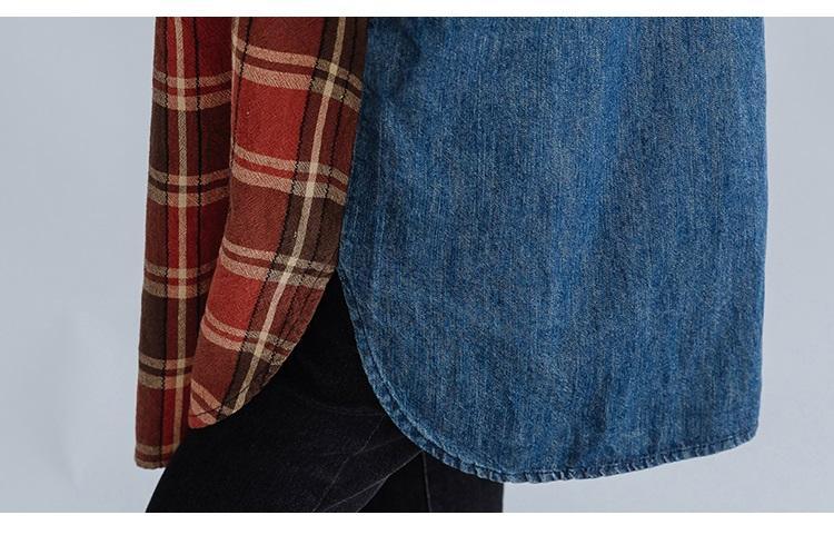 long sleeve plus size cotton denim vintage plaid women casual loose midi autumn shirt dress - Omychic