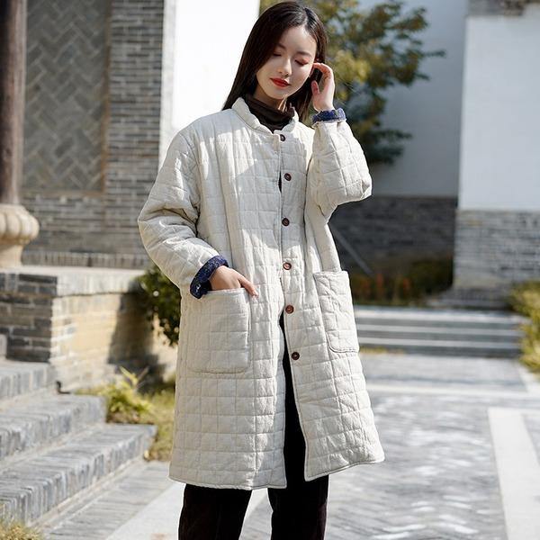 Women Thick Plaid Parkas Vintage Stand Coats Winter New Pockets Button Parkas Coats - Omychic