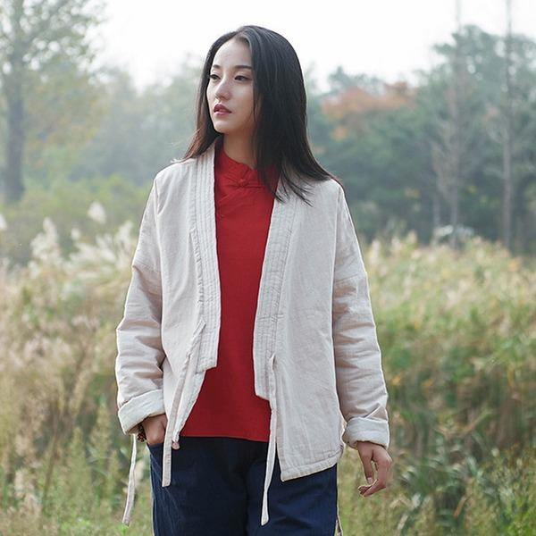 2020 Autumn Winter Cotton Linen  Cotton Coat Simple Comfortable All-match Women Lace Up Coat - Omychic