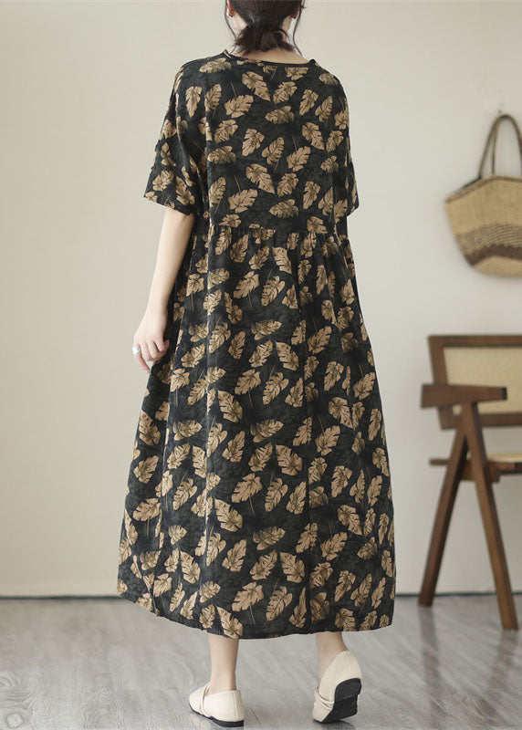 Art Black V Neck Print Wrinkled Patchwork Cotton Dress Summer
