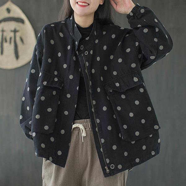 New All-match Retro Polka Dot Zipper Long Sleeve Coats Loose  Coat - Omychic