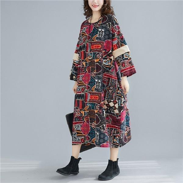 plus size cotton linen vintage floral for women casual loose long spring autumn dress - Omychic