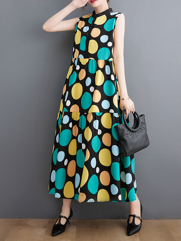 Polka Dot Casual Stand Collar Midi Dress