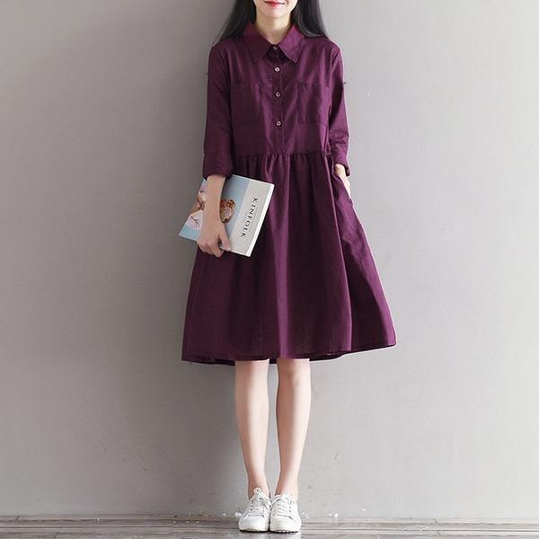 Women Cotton Linen Casual Dress New 2020 Simple Style Knee-length A-line Dress - Omychic