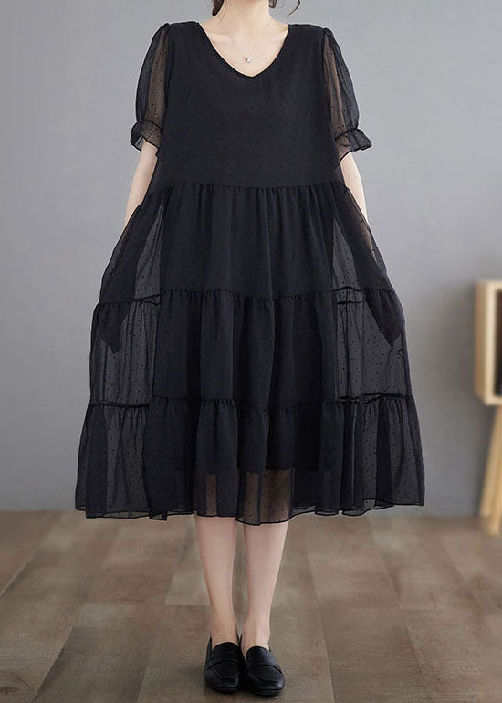 Black Dot Print Patchwork Chiffon Dress Summer