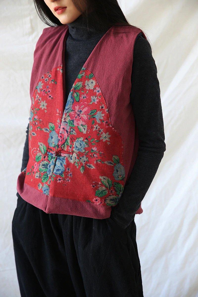 Women Vintage Linen Vests Coats Chinese Style Sleeveless V-Neck Patchwork - Omychic
