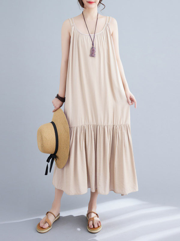 Pleated Solid Color Spaghetti-Neck Midi Dress