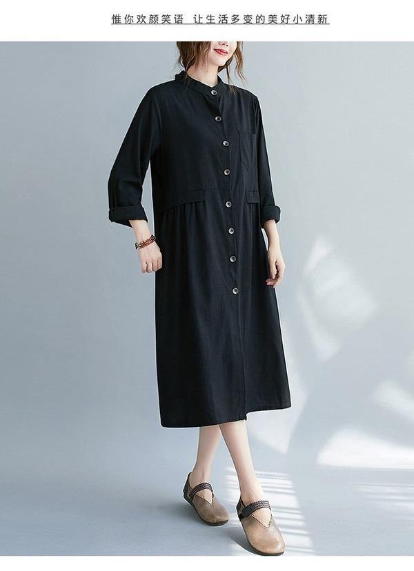 omychic plus size cotton linen vintage for women casual loose autumn shirt dress - Omychic