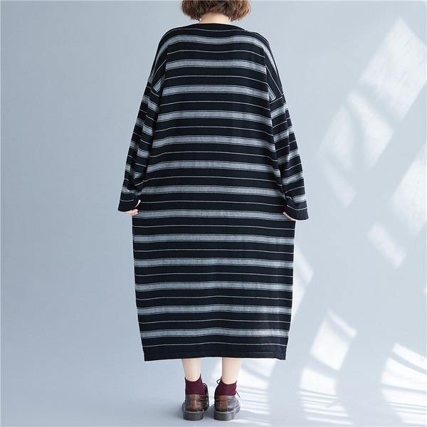 long sleeve knitted plus size vintage stripe women causal loose autumn winter Sweater dress - Omychic