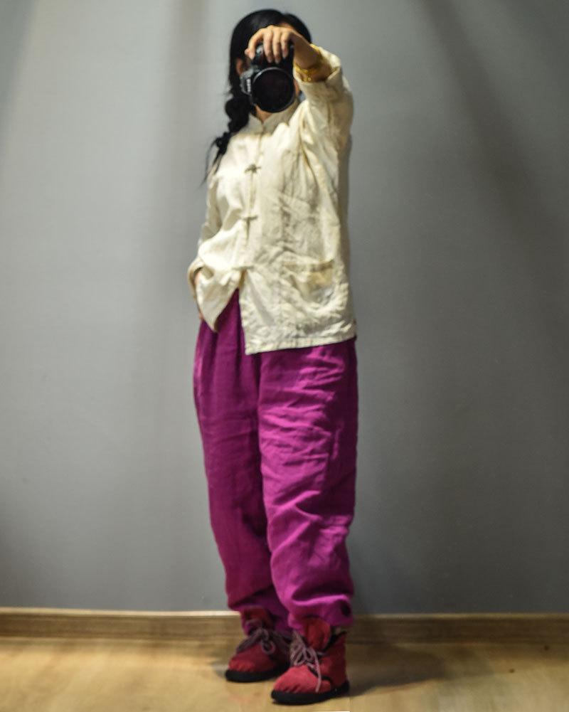Loose Solid Color Elastic Waist Linen Padded Pants Ladies Vintage Autumn Winter Harem Trousers Female Warm Pants - Omychic