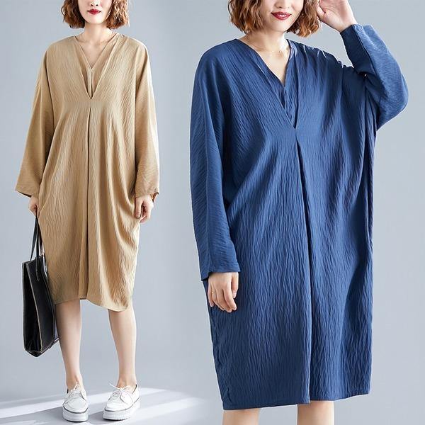 omychic plus size oversize cotton linen vintage for women casual loose midi autumn dress - Omychic