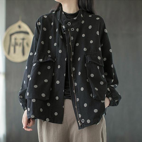 New All-match Retro Polka Dot Zipper Long Sleeve Coats Loose  Coat - Omychic