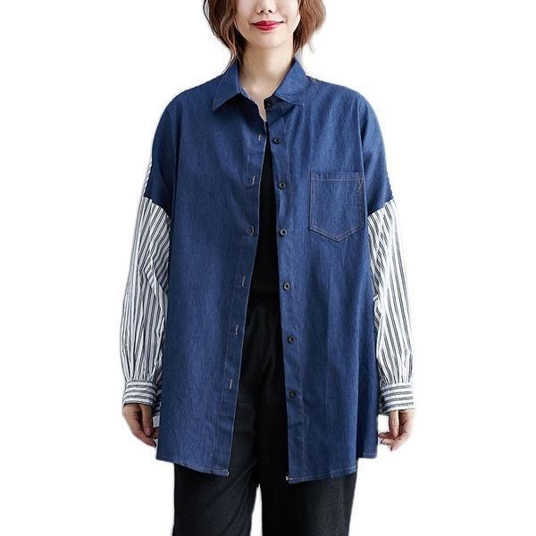 omychic plus size denim cotton vintage stripe korean style Casual loose autumn shirt women blouse 2020 clothes ladies tops - Omychic