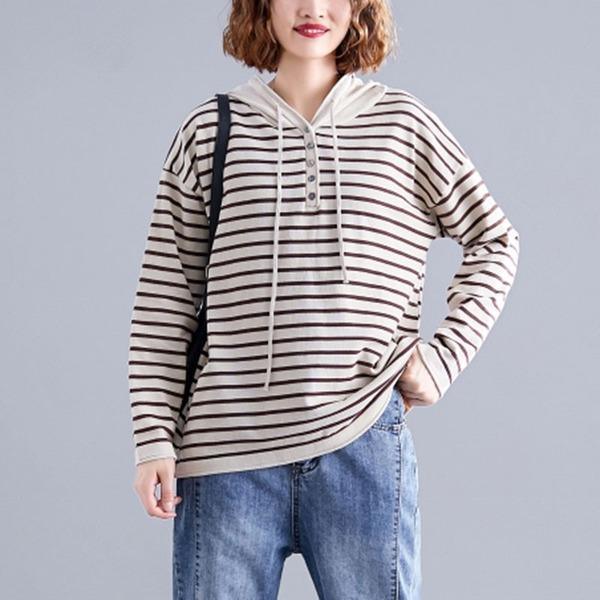 2020 Simple Style Striped Loose Comfortable Female Long Sleeve Hooded Sweatshirt - Omychic