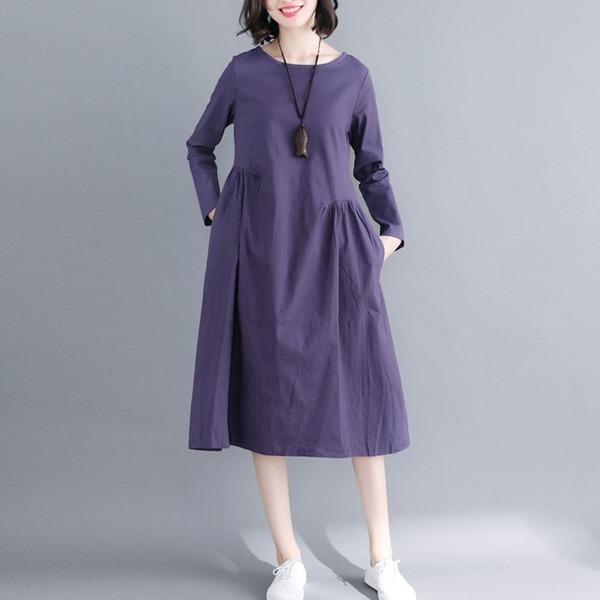 New Arrival 2020 Autumn Simple Style Vintage Solid Color Loose Dress - Omychic