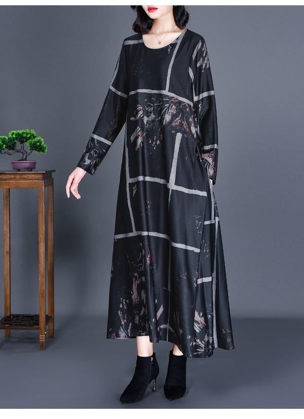 long sleeve plus size cotton satin vintage floral for women casual loose autumn dress - Omychic