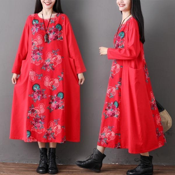 long sleeve cotton linen plus size vintage floral women casual loose spring autumn dress - Omychic