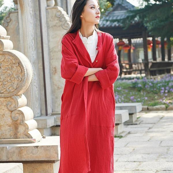New Vintage Trench Cotton Linen Coats Button Women Cloths Pockets Chinese Style Solid Color Women Trench - Omychic