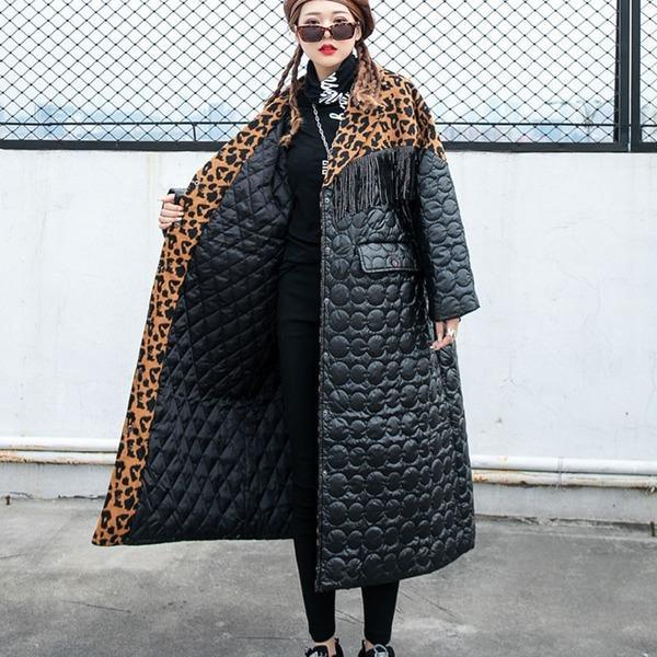 Elegant Tassel Leopard Plus Size Pocket Goddess Fan 2020 Winter Parkas Coat - Omychic