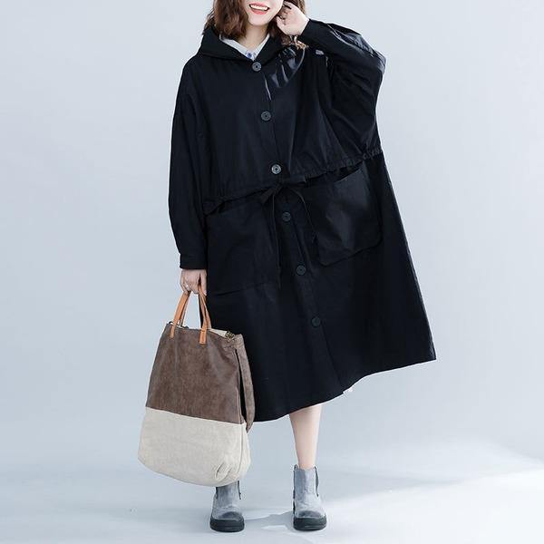 Black Casual Trench For Women Bandage Coats Hooded Button Pockets Loose Women Cloths - Omychic