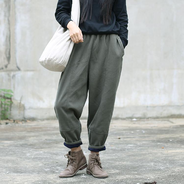 army green linen fall casual patchwork elastic waist pants - Omychic