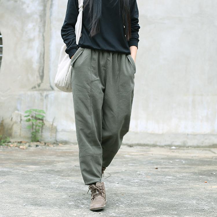 army green linen fall casual patchwork elastic waist pants - Omychic
