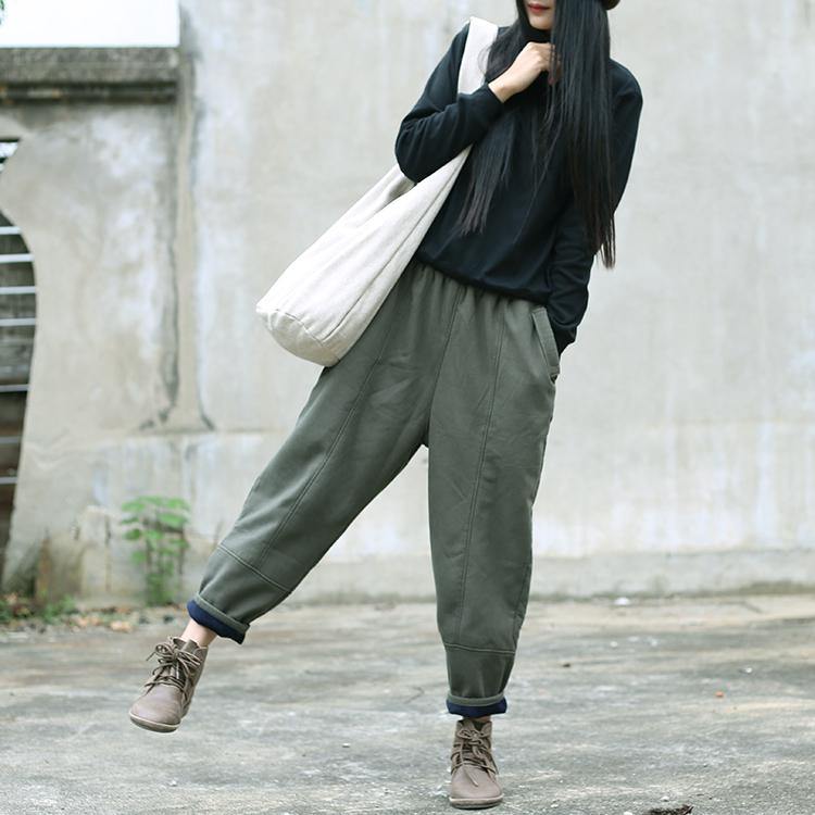 army green linen fall casual patchwork elastic waist pants - Omychic