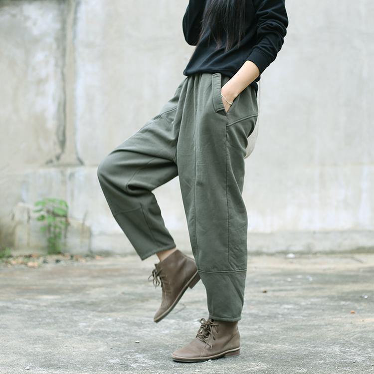 army green linen fall casual patchwork elastic waist pants - Omychic