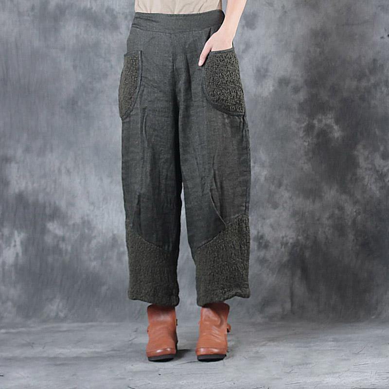 army green casual linen patchwork pants plus size women crop pants - Omychic