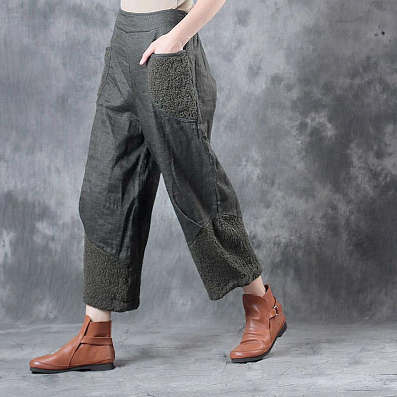 army green casual linen patchwork pants plus size women crop pants - Omychic