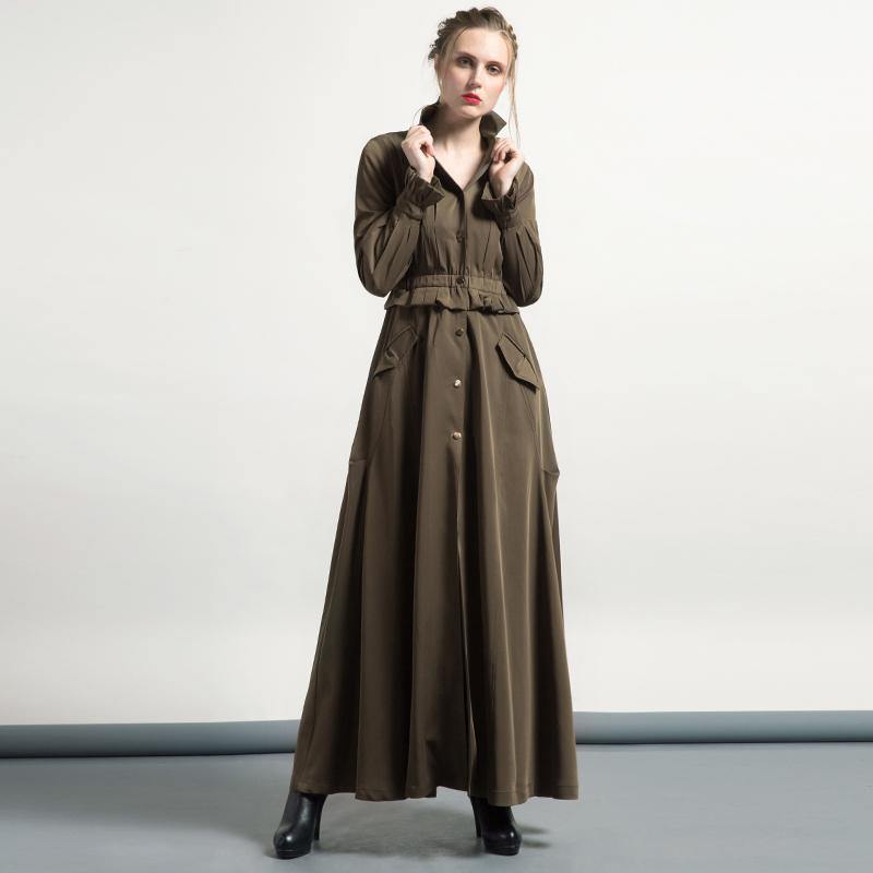 army green winter casual cotton blended trench coat outwear tunic fashion maxi coats - Omychic