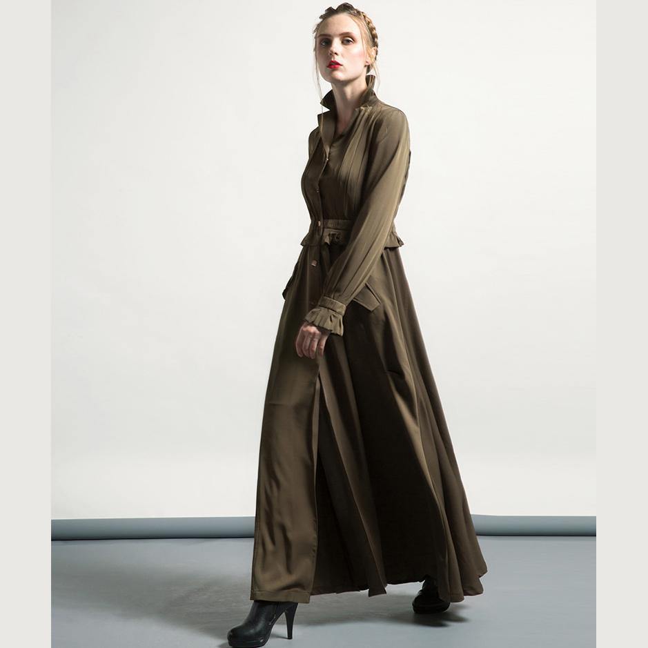 army green winter casual cotton blended trench coat outwear tunic fashion maxi coats - Omychic