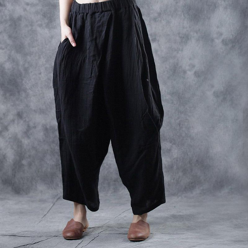 autumn 2019 women black linen casual pants elastic waist crop pants - Omychic