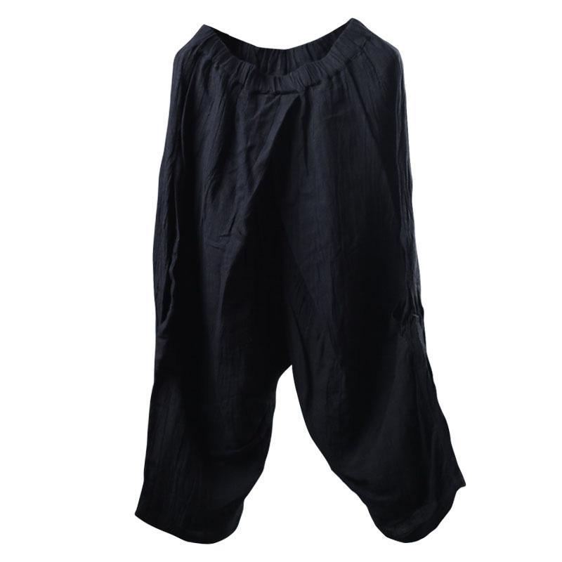 autumn 2019 women black linen casual pants elastic waist crop pants - Omychic
