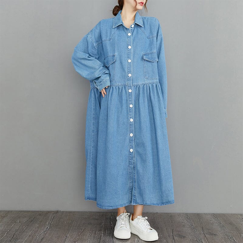 Spring Minimalist Loose Casual Denim Dress Long Sleeve