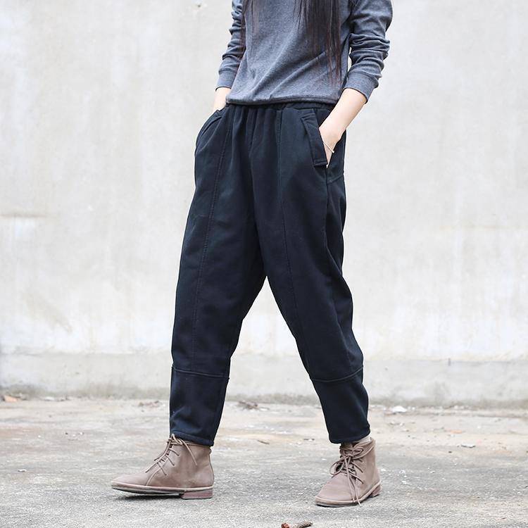 autumn new black linen thick pants plus size patchwork trousers - Omychic