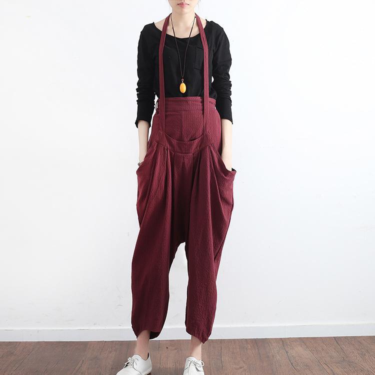 autumn new original loose printed patch two ways to wear cotton linen wide legs Harlan suspender strap casual pants - Omychic