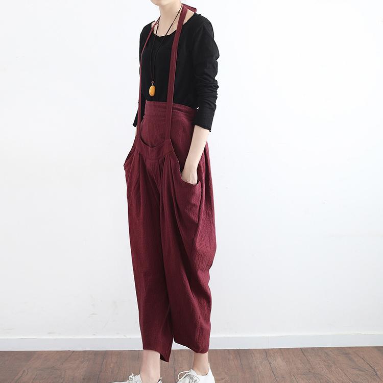 autumn new original loose printed patch two ways to wear cotton linen wide legs Harlan suspender strap casual pants - Omychic