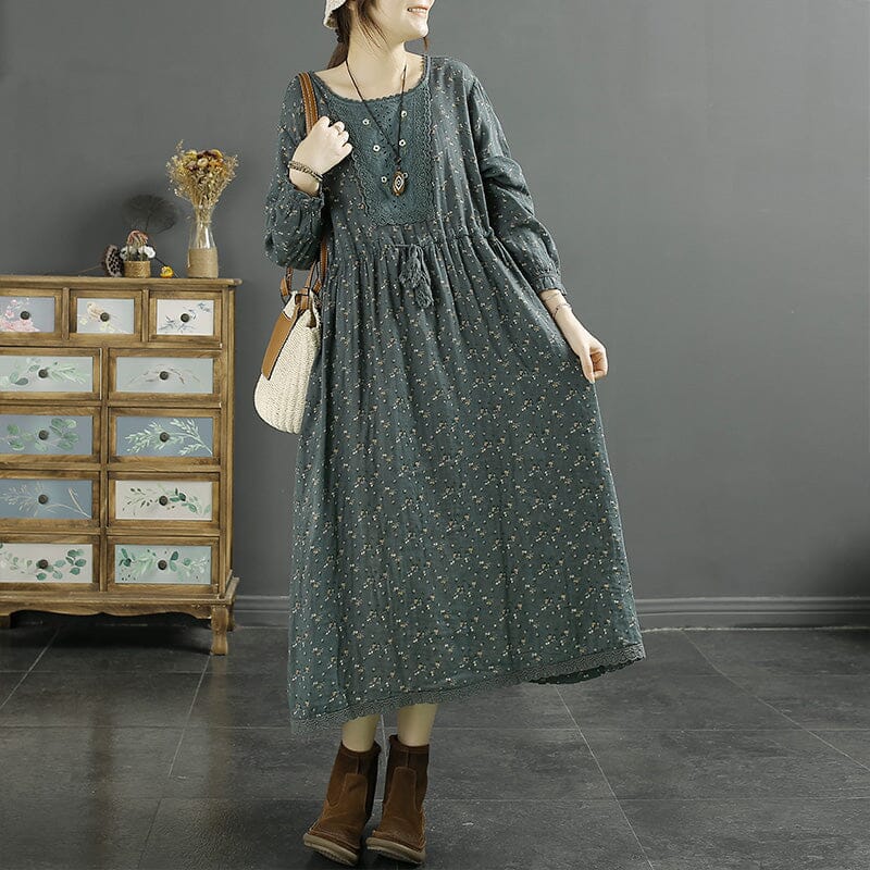 Spring Retro Floral Loose Cotton Linen Dress