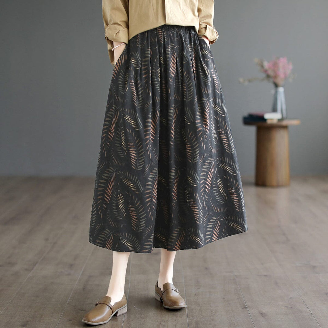 Autumn Retro Print Cotton Linen Patchwork Skirt